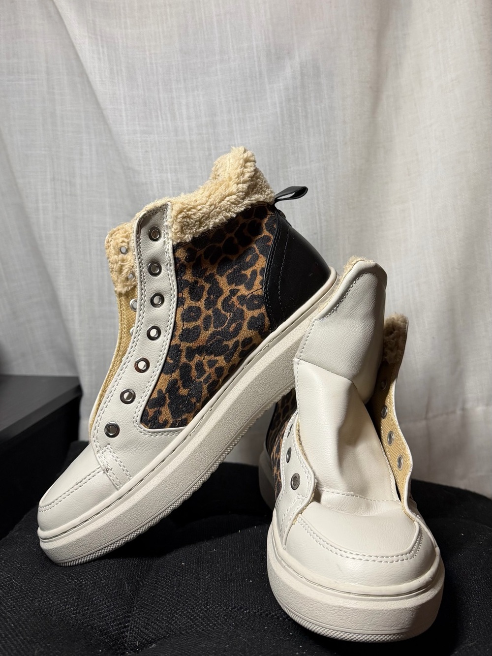 Marc Fisher Leopard Sherpa-Trim High Top Sneakers - Cream, Black, Brown